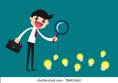 Searching for the ideas. Businessman looking at ideas light bulb through magnifying glass. Business concept vector illustration