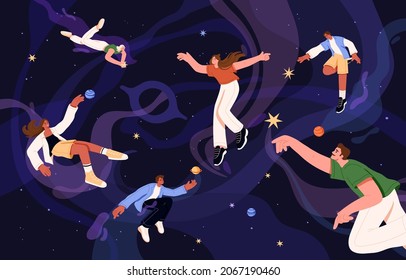 Searching for ideas and inspiration concept. Creative young people learning, exploring world and finding new ways. Happy inspired men and women discovering smth. Conceptual flat vector illustration