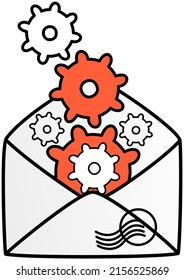 Searching for ideas and solutions, business process running, startup, work motion concept. Gears in evelope as symbol of email setting. Software or maintenance, mailing via Internet technology