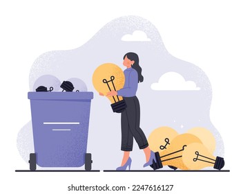 Searching for ideas. Woman with light bulbs, creative person. Innovation and start up, new business project. Metaphor of cognitive abilities and creative activity. Cartoon flat vector illustration