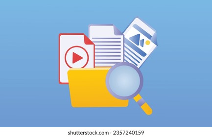 Buscando archivos de imagen y vídeo en una base de datos Control de documentos.en fondo azul.Ilustración de diseño de vectores.