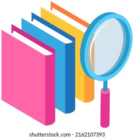 Searching for information in books, literature in library with magnifying glass. Stack of books with bookmarks. Concept of learning, business education with textbooks, knowledge in encyclopedia