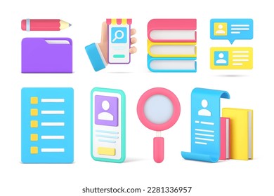 Searching information browsing internet paperwork library education knowledge set 3d icon realistic vector illustration. Studying e learning folder book archive smartphone app to do list communication