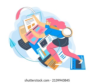 Searching for information and data, woman with papers and documents. Lady with magnifying glass, research for student project or job task, homework assignment preparation. Vector in flat style