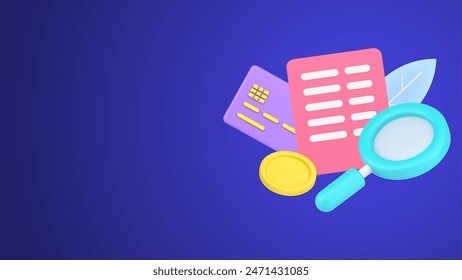 Searching information at document agreement of regular payment with magnifying glass 3d icon isometric vector illustration. Banking application for finding online or cash paying data with credit card