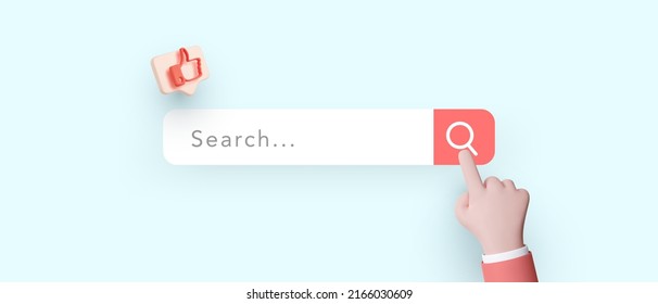 Searching Information In Internet Concept In 3d Realistic Style With Search Bar, Hand And Social Icon. Vector Illustration