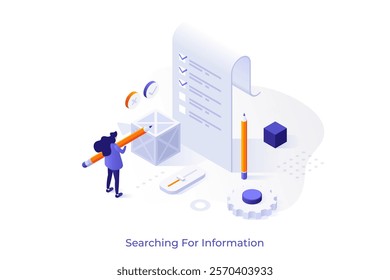 Searching for Information isometric conceptual template. Trustful data sources online vector illustration for webpage design. Seeking info on internet network. Web application development material