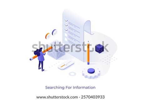 Searching for Information isometric conceptual template. Trustful data sources online vector illustration for webpage design. Seeking info on internet network. Web application development material