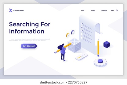 Searching for Information isometric landing page template. Trustful data sources online vector illustration for webpage design. Seeking info on internet network. Web application development material