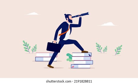 Buscando información y conocimiento - Empresario con binocular en los libros buscando pistas. Ilustración vectorial de diseño plano