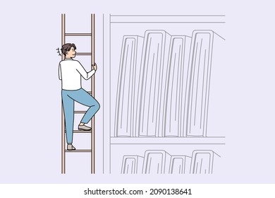 Searching for information and knowledge concept. Smiling man climbing on ladder trying to reach on top shelf ta take documents or books vector illustration 