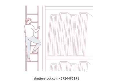 Buscando informações e conceito de conhecimento. Homem sorridente subindo na escada tentando alcançar na prateleira superior para pegar documentos ou livros ilustração vetorial