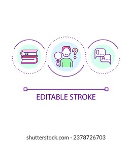 Searching information loop concept icon. Studying process. Reading books. Linguistic research abstract idea thin line illustration. Isolated outline drawing. Editable stroke. Arial font used