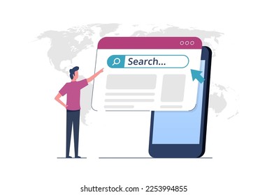 Searching information network concept, virtual internet search page on smartphone screen, web search engine and SEO keyword search tool