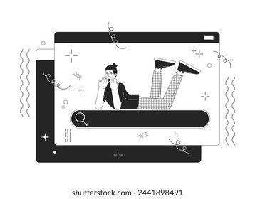 Searching information on internet 2D linear illustration concept. Positive user lying on search field cartoon outline character isolated on white. Data browsing metaphor monochrome vector art