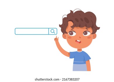 Buscando información en la web por ilustración de vector secundario. Caricatura lindo niño levantando la mano, señalando con el dedo al sistema de búsqueda aislado en blanco. Navegación, consulta, concepto de interfaz de usuario.