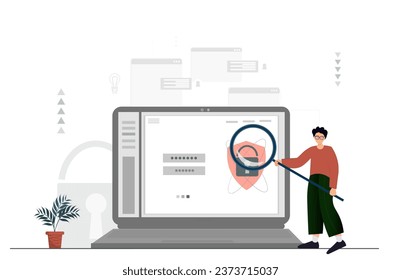 Búsqueda de información en la página web, seguridad de datos personales en la web, persona que asegura la información en el sitio, concepto de seguridad de datos cibernéticos en línea, seguridad de internet o información privada, ilustración vectorial