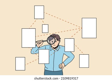 Searching for information and strategy concept. Young serious businessman standing and looking at various papers official document with magnifier searching for information vector illustration