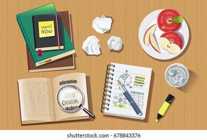 Searching for information to work and study. Management top view concept. Self-development. Health and balance of life. Working person.