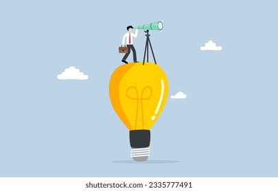 Searching for innovation or creativity, finding new idea to grow business, new solution for marketing concept, Businessman looking through telescope on light bulb.