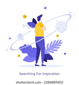 Searching for Inspiration flat concept vector illustration. Thoughtful man and turning planets. Cosmic cartoon character on white background. Creative idea for website, mobile and presentation
