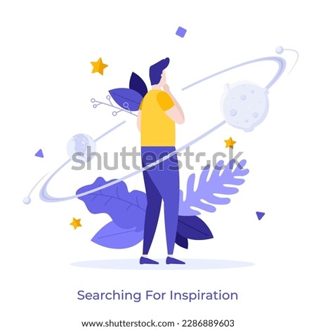 Searching for Inspiration flat concept vector illustration. Thoughtful man and turning planets. Cosmic cartoon character on white background. Creative idea for website, mobile and presentation