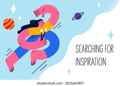 Searching for inspiration and ideas concept. Young positive female with paint brushes flying in space looking for new creative ideas for art vector illustration 