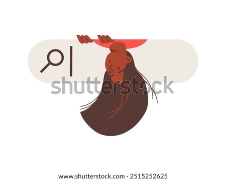 Searching the internet for gossip and secrets. Curious woman hanging upside down. She looks out of the search bar. Surfing the Internet for the information. Portrait. Close-up. Vector illustration.