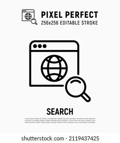 Searching in internet. Magnifying glass on web page thin line icon. Pixel perfect, editable stroke. Vector illustration.