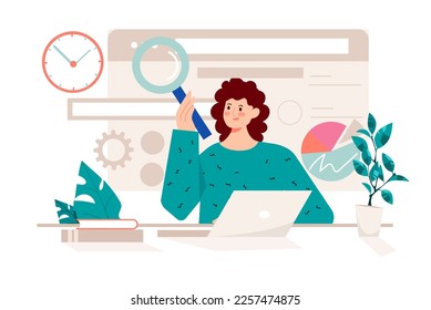 Searching internet pink concept with people scene in the flat cartoon style. Woman is trying to connect to the Internet to continue working on her laptop. Vector illustration.