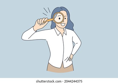 Searching investigation and research concept. Young smiling woman cartoon character standing holding magnifier glass over eyes feeling curious vector illustration 
