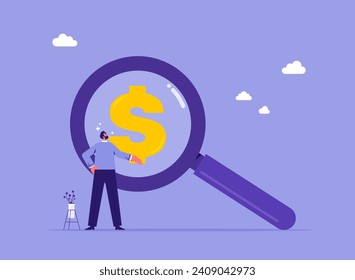 Searching for investment opportunity concept, businessman looking through magnifying glass to see dollar money sign search for money