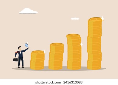 Searching for investment opportunity and earning concept, financial success or salary raise, curios businessman with magnifier inspect and follow money coins trail.