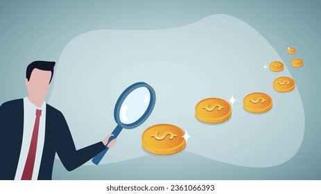 Searching for investment opportunity, financial success or salary raise, inspect way to make profit and earning concept, curios businessman with magnifier inspect money coins trail.