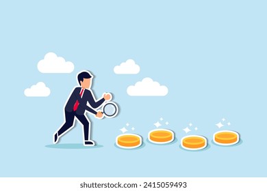 Searching for investment opportunity, financial success or salary raise, inspect way to make profit and earning concept, curios businessman with magnifier inspect and follow money coins trail.
