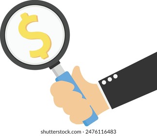 Searching for investment opportunity, financial success or salary raise, inspect way to make profit and earning concept, curios businessman with magnifier inspect money coins trail.

