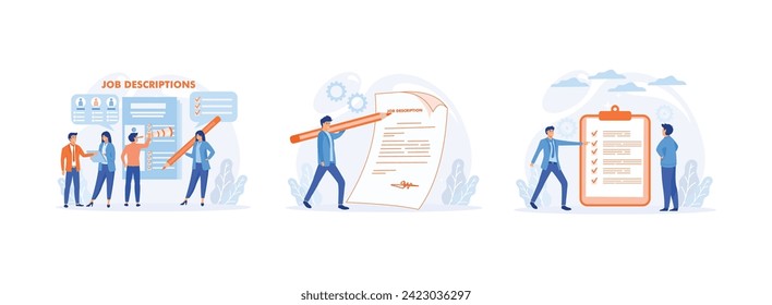 Searching Job. Job description.  qualifications and requirements for job positions. Job description set flat vector modern illustration 