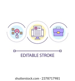 Searching job loop concept icon. HR recruitment. Sending CV. Hiring process. Employment abstract idea thin line illustration. Isolated outline drawing. Editable stroke. Arial font used
