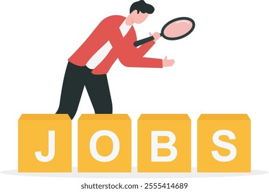 Searching for jobs, recruitment or opportunity for candidates to find right work and employer, smart unemployed businessman using magnifying glass to look at a stack of boxes with the word Jobs.

