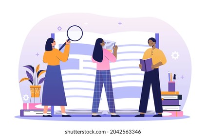 Searching knowledge concept. Men and women stand next to book and find necessary information. Independent training and education. Cartoon modern flat vector illustration isolated on white background