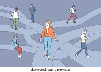 Searching for life path concept. Young people cartoon characters walking through different life routes with important key points in memory going in past by psychotherapy vector illustration