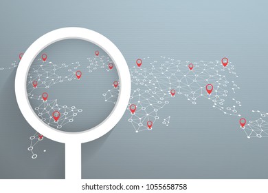 searching location on world map with magnifying glass.vector illustration