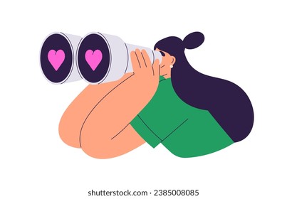 Searching, looking for love concept. Single woman watching through binoculars with hearts. Girl finding partner, relationships, valentine, crush. Flat vector illustration isolated on white background