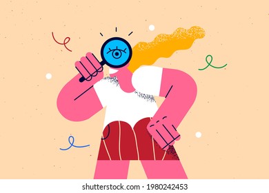 Searching and looking for opportunities concept. Cheerful pretty smiling blonde woman cartoon character standing looking at camera through magnifying glass vector illustration 