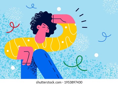 Searching and looking for somebody concept. Young curious curly haired woman in holding hand above eyes and looking far away, expecting and searching someone vector illustration 