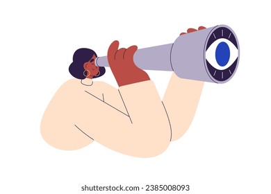 Searching, looking with spyglass. Exploring, finding future opportunities, goal, target, strategy. HR watching for employees, job, work. Flat vector illustration isolated on white background