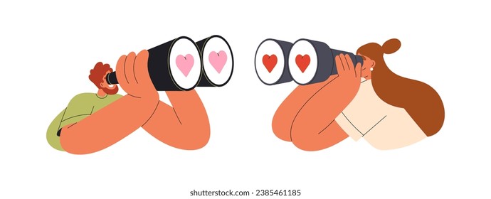 Searching love concept. Man and woman match, falling in love. Enamored people, valentines partners in romantic relationships. Affection, passion. Flat vector illustration isolated on white background