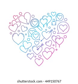 Searching for love concept. Vector find love symbol made with thin line icons. Finding Love bright linear illustration