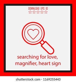 searching for love, magnifier, geart sign vector icon