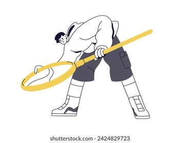 Searching with magnifying glass, lens. Research, discovery, study and analysis concept. Curious character finding with magnifier in hand. Flat graphic vector illustration isolated on white background